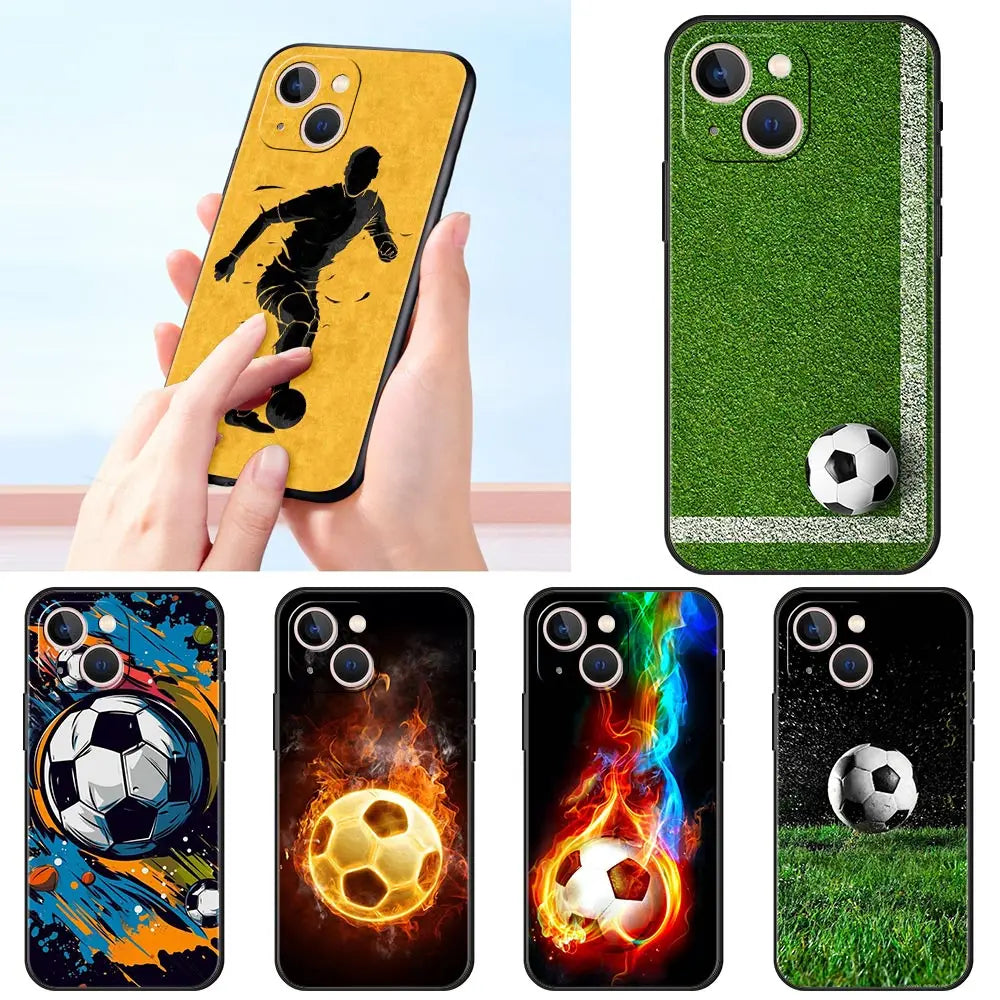 Football Passion Soccer Ball Luxury Phone Case For iPhone 13 15 14 12 Mini 11 Pro MAX XR X SE XS 7 8 Plus Black Protection Cover