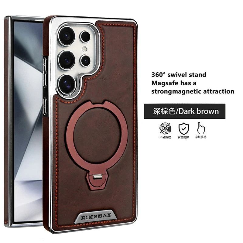 360 Rotating Bracket Leather Phone Case for Samsung Galaxy S25 Ultra S24 S23 S22 S25EDGE Magnetic Charging Kickstand Back Cover