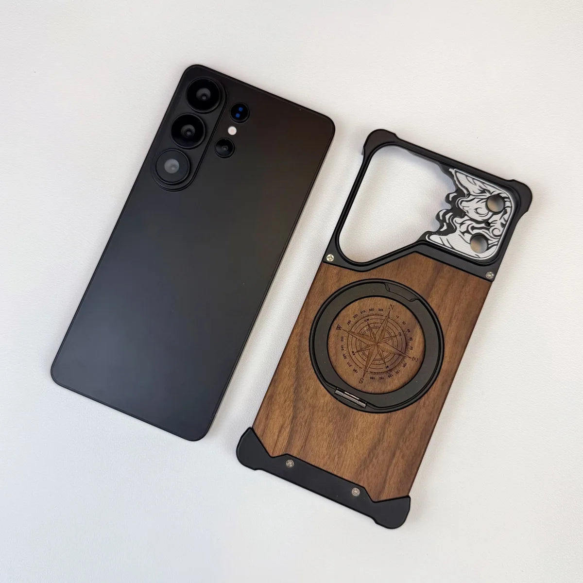 360 ° Rotating Magnetic Bracket Phone Case, For Samsung Galaxy S26 S25 S24 S23 Ultra Walnut Wood Backplate Metal Frameless Case
