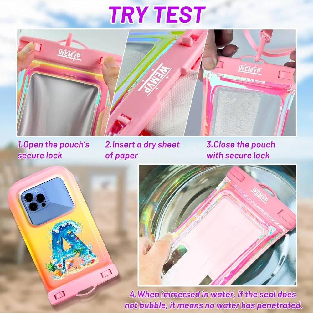 IPX8 Waterproof Pouch Case for 6.1-6.9" Smartphones - Beach & Cruise, Monogram Design (Pink)