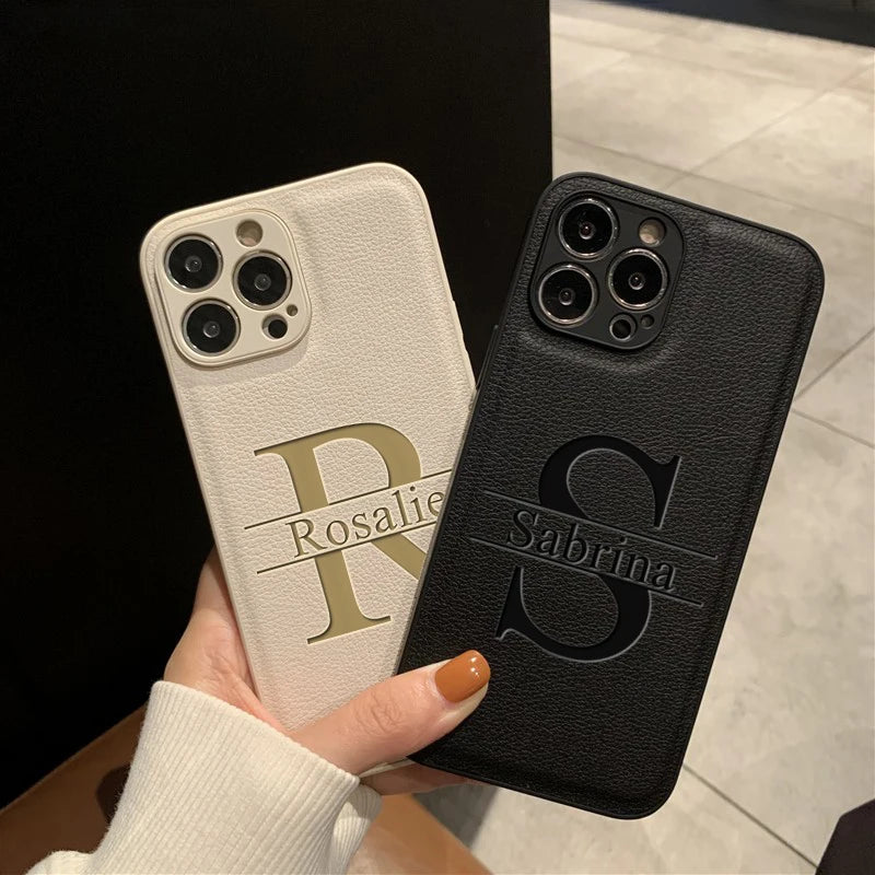 Personalized Customized Initials Name Case For iPhone 17 16 15 14 13 12 11 Pro Max Plus Big Letter Laser Engraving Leather Cover