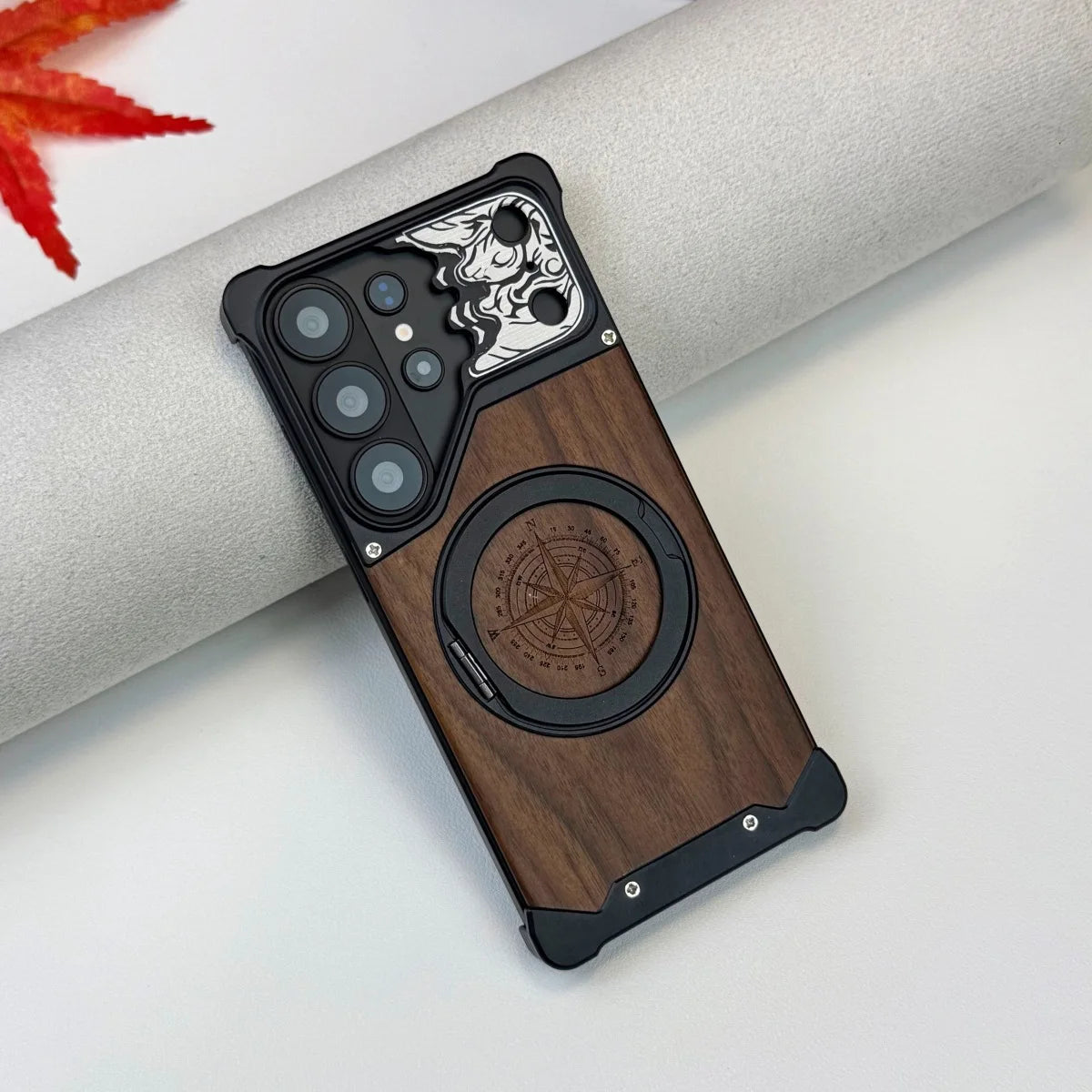 360 ° Rotating Magnetic Bracket Phone Case, For Samsung Galaxy S26 S25 S24 S23 Ultra Walnut Wood Backplate Metal Frameless Case