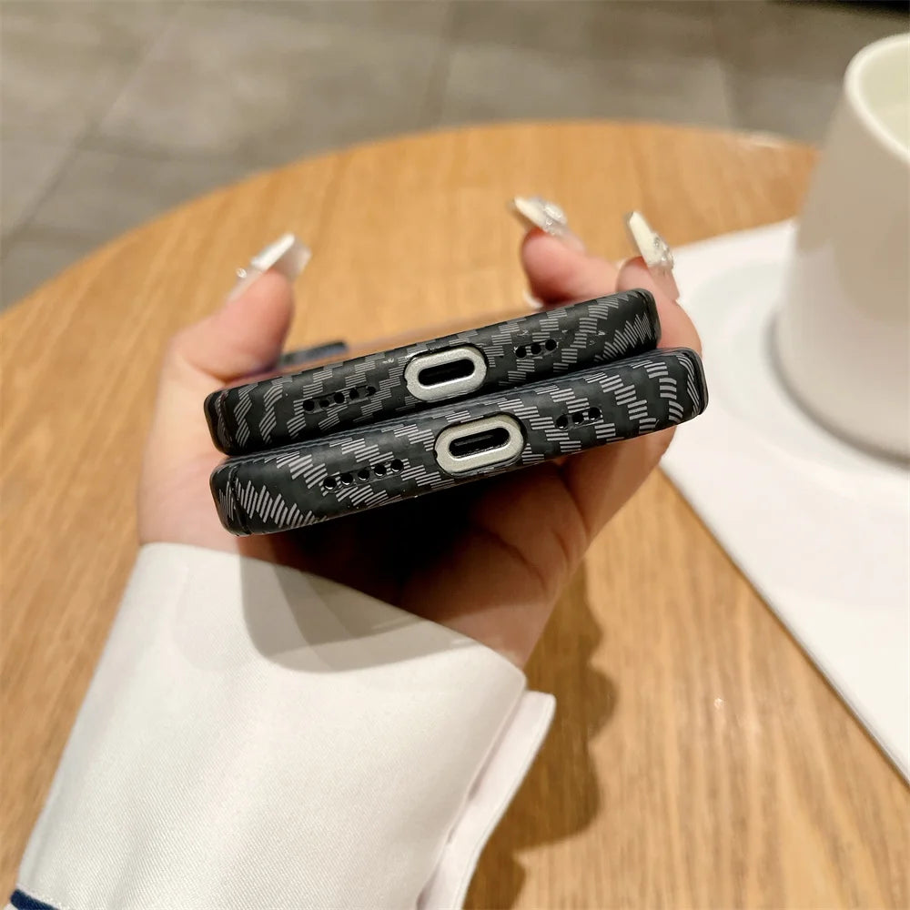 Luxury Carbon Fiber Kevlar Pattern For Magsafe Magnetic Case For iPhone 11 12 13 14 15 16 17 Pro Max Plus Shockproof Back Cover