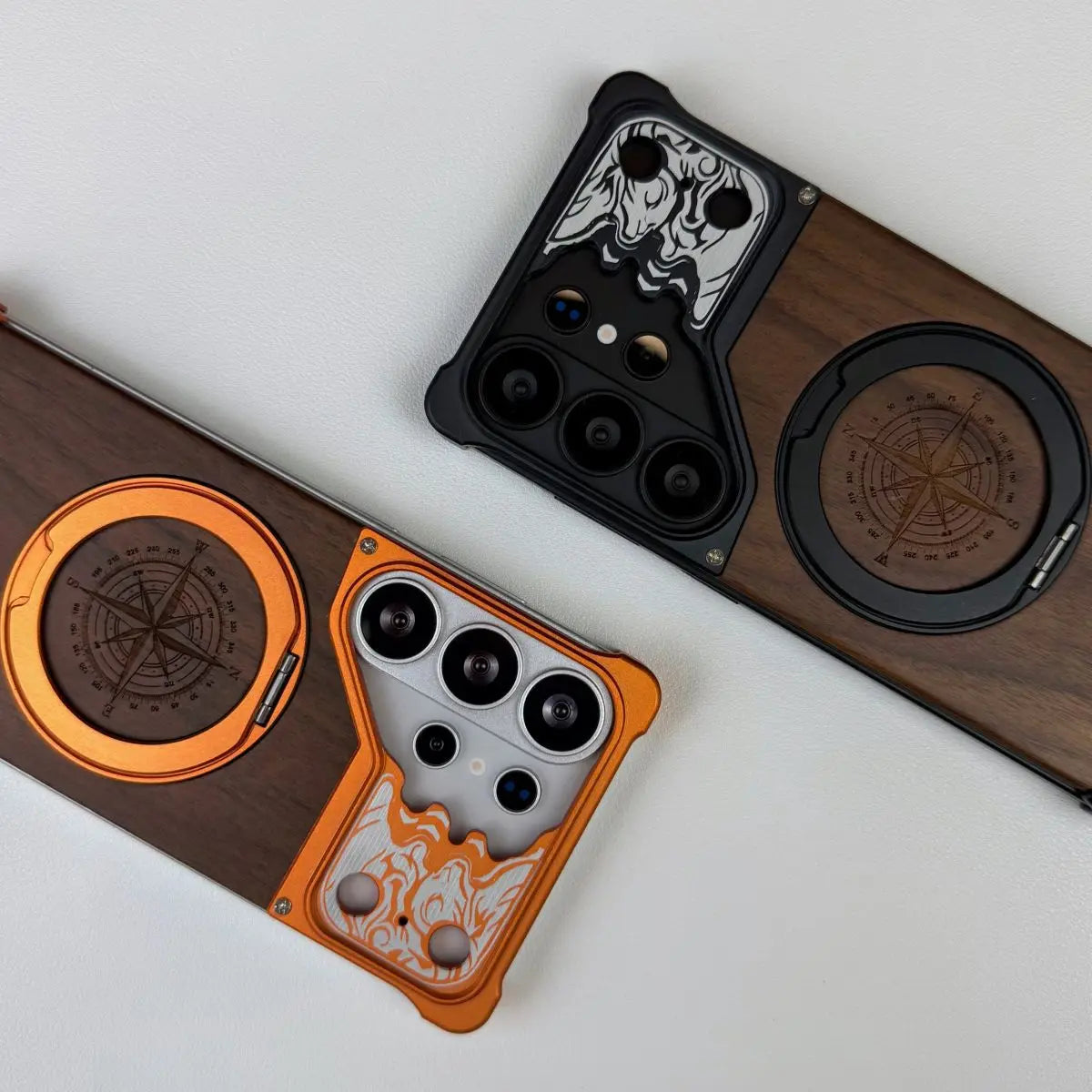 360 ° Rotating Magnetic Bracket Phone Case, For Samsung Galaxy S26 S25 S24 S23 Ultra Walnut Wood Backplate Metal Frameless Case