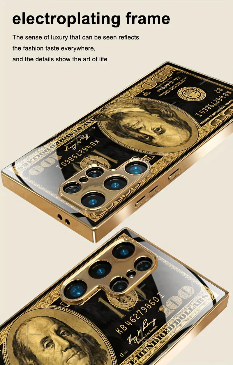 Banknote pattern glass phone case suitable for Samsung for galaxy S25,S24,S23,S22,S21,S20,FE,Ultra Plus, 5G anti drop back cover
