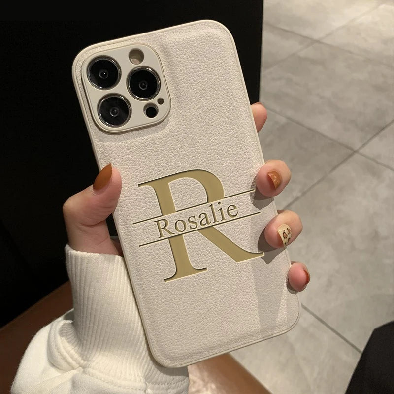 Personalized Customized Initials Name Case For iPhone 17 16 15 14 13 12 11 Pro Max Plus Big Letter Laser Engraving Leather Cover