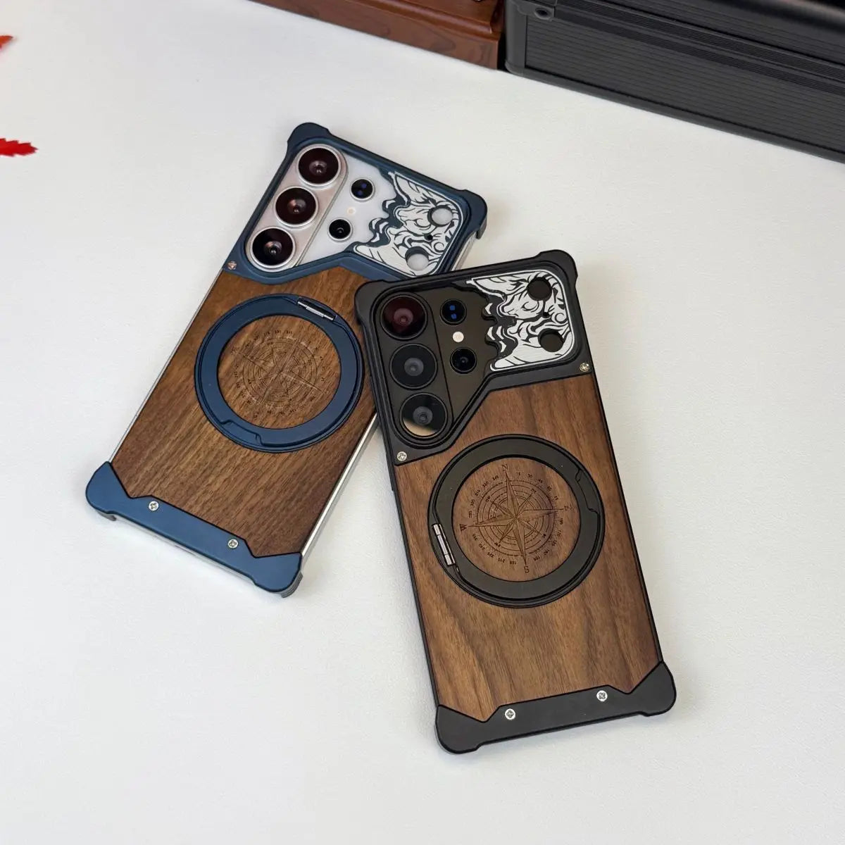 360 ° Rotating Magnetic Bracket Phone Case, For Samsung Galaxy S26 S25 S24 S23 Ultra Walnut Wood Backplate Metal Frameless Case