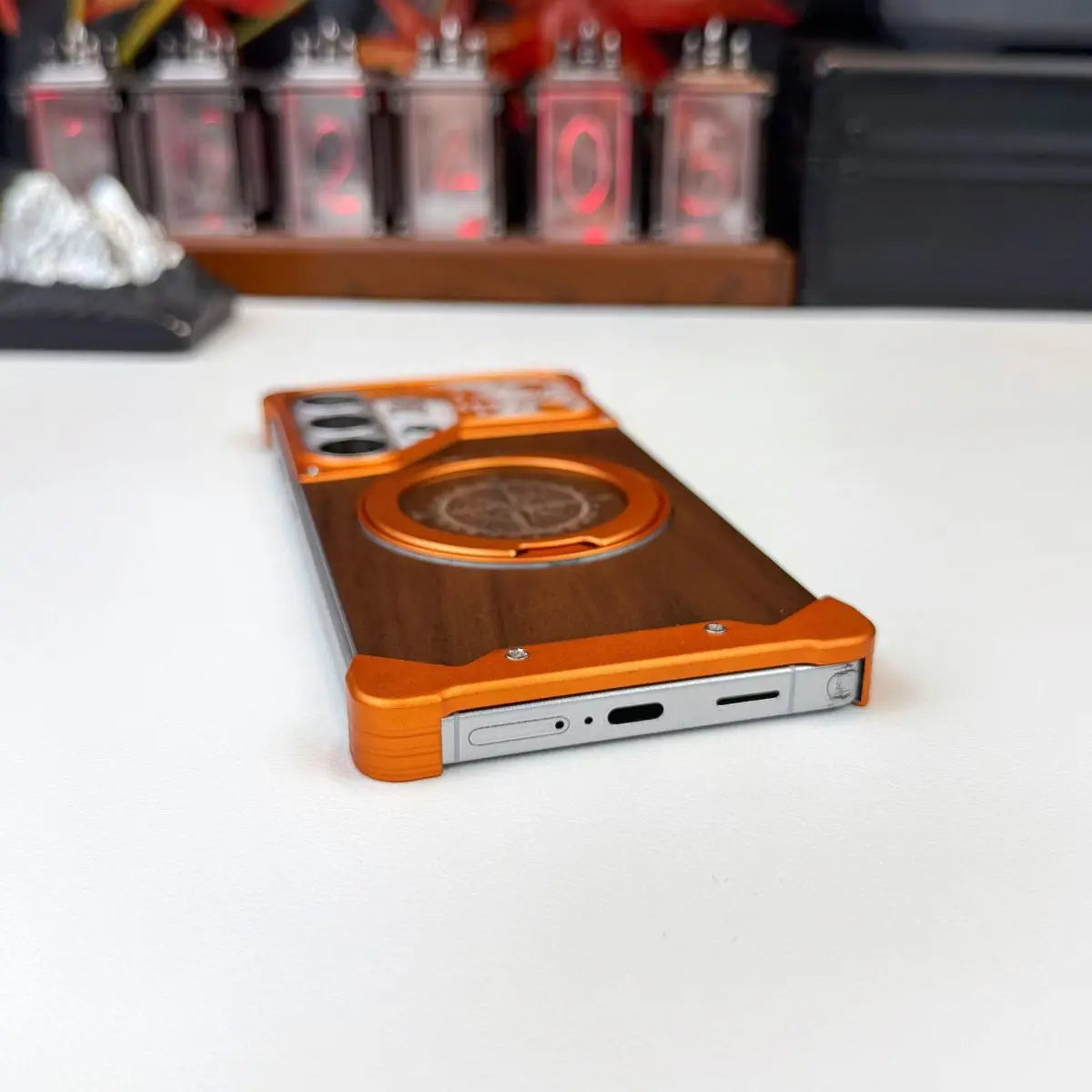 360 ° Rotating Magnetic Bracket Phone Case, For Samsung Galaxy S26 S25 S24 S23 Ultra Walnut Wood Backplate Metal Frameless Case
