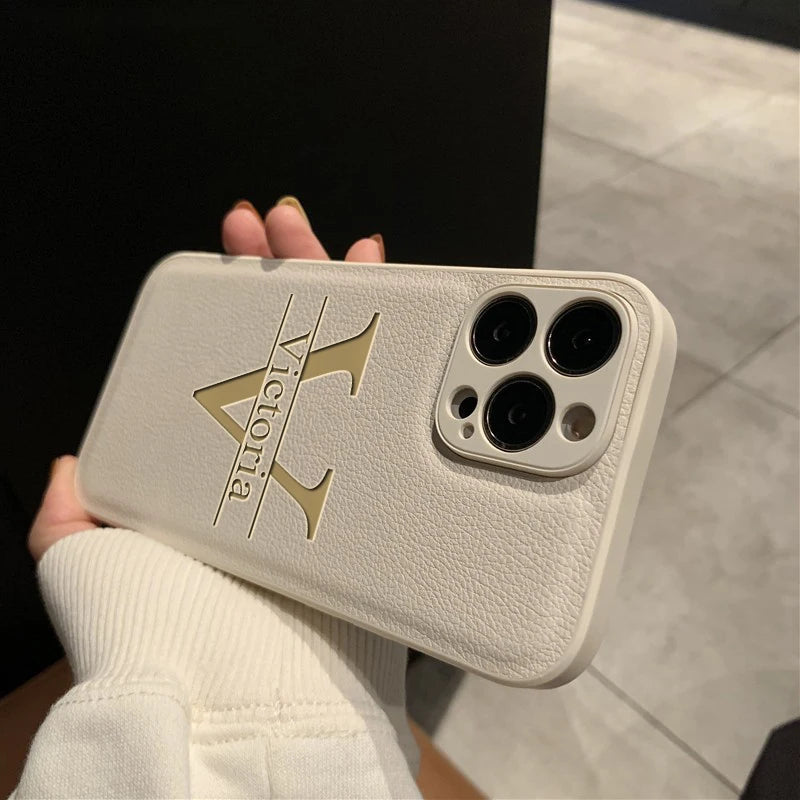 Personalized Customized Initials Name Case For iPhone 17 16 15 14 13 12 11 Pro Max Plus Big Letter Laser Engraving Leather Cover