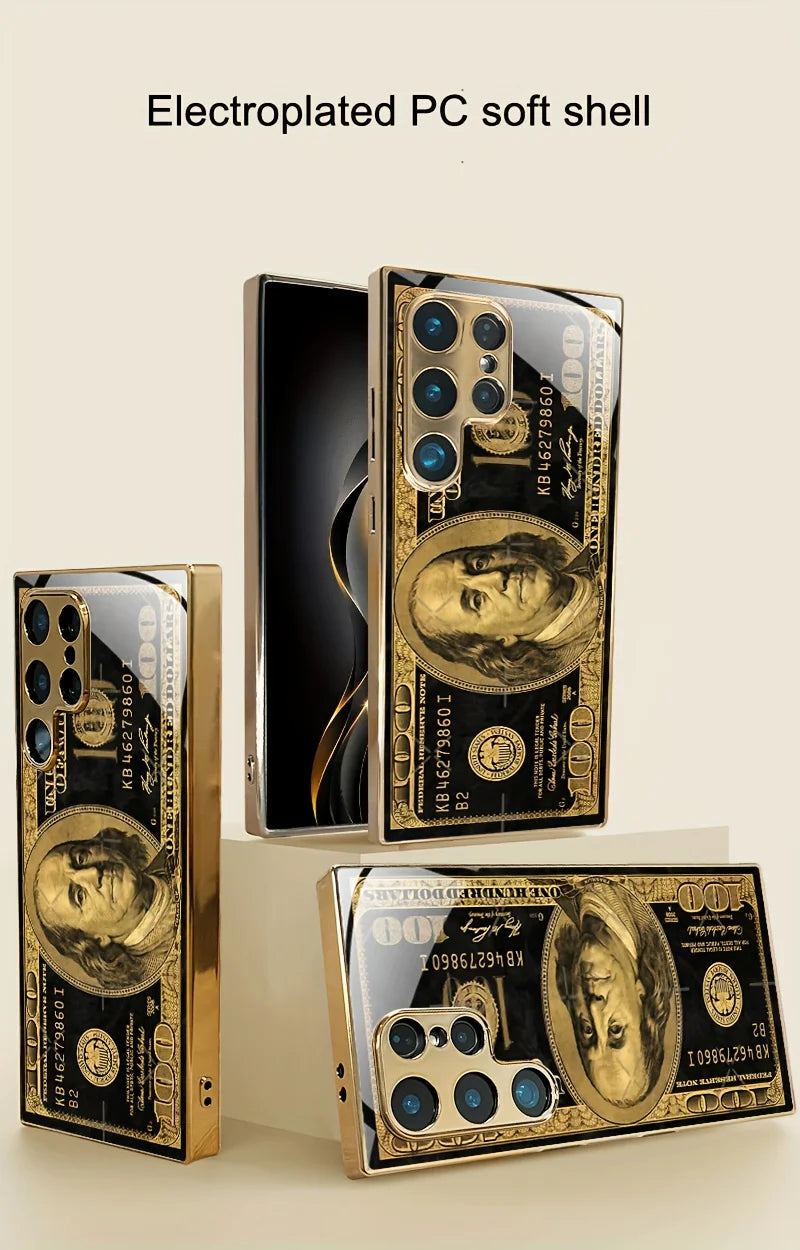 Banknote pattern glass phone case suitable for Samsung for galaxy S25,S24,S23,S22,S21,S20,FE,Ultra Plus, 5G anti drop back cover