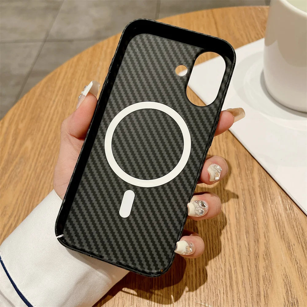 Luxury Carbon Fiber Kevlar Pattern For Magsafe Magnetic Case For iPhone 11 12 13 14 15 16 17 Pro Max Plus Shockproof Back Cover