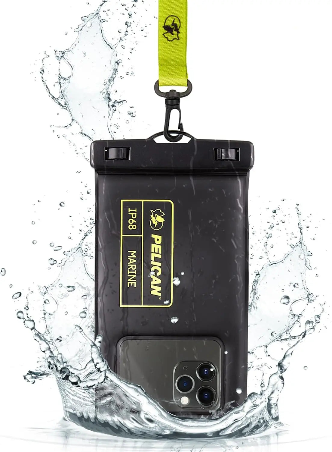 IP68 Waterproof Phone Pouch Floating Case - Beach Cruise Travel Essentials, Works with All Phones, Detachable Lanyard, Black/Hi-Vis Yellow