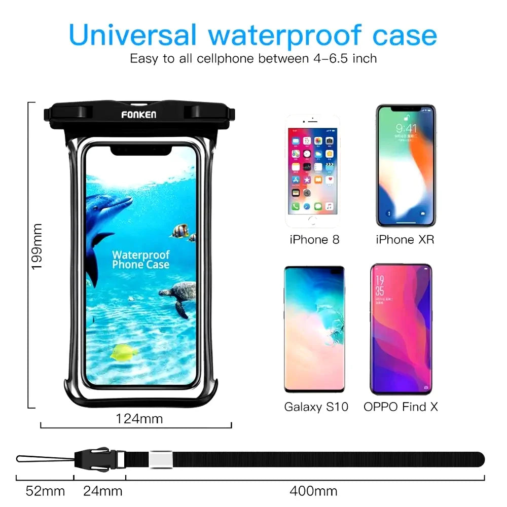FONKEN Full View Waterproof Case for Phone Underwater Snow Rainforest Transparent Dry Bag Swimming Pouch Big Mobile Phone Covers