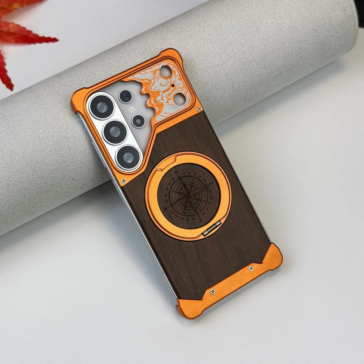 360 ° Rotating Magnetic Bracket Phone Case, For Samsung Galaxy S26 S25 S24 S23 Ultra Walnut Wood Backplate Metal Frameless Case