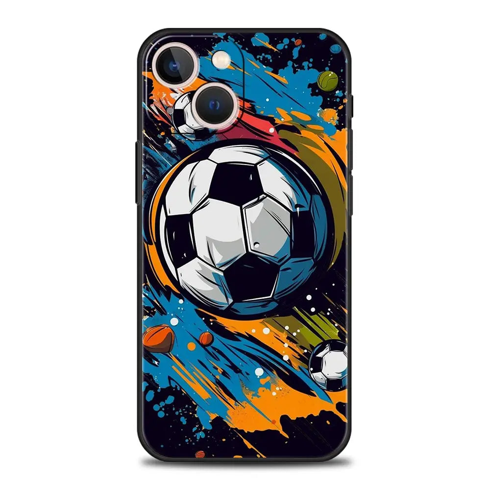 Football Passion Soccer Ball Luxury Phone Case For iPhone 13 15 14 12 Mini 11 Pro MAX XR X SE XS 7 8 Plus Black Protection Cover