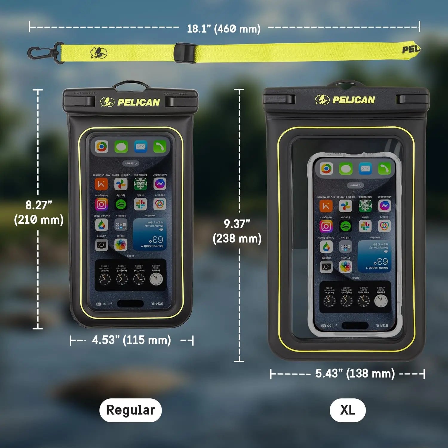 IP68 Waterproof Phone Pouch Floating Case - Beach Cruise Travel Essentials, Works with All Phones, Detachable Lanyard, Black/Hi-Vis Yellow