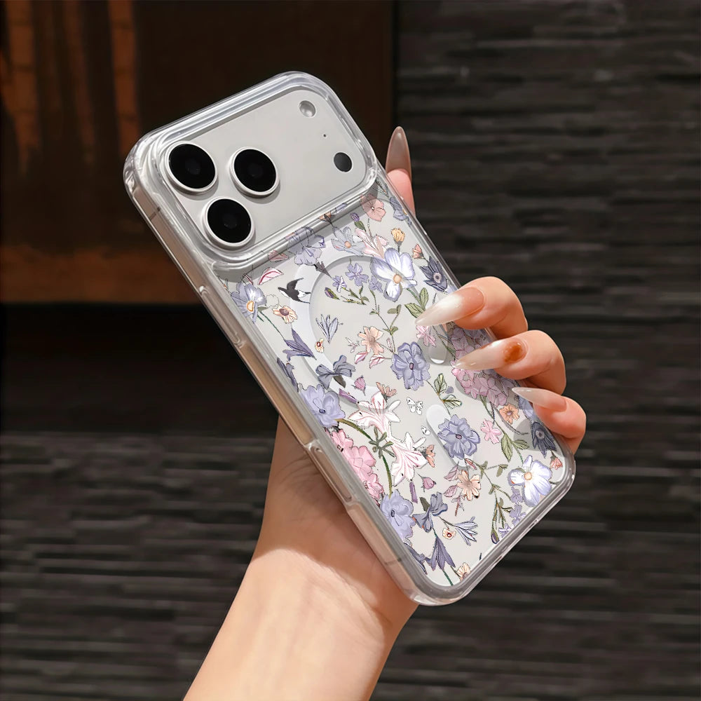 Purple Blooms Dreamy Silicone Acrylic Phone Case For iPhone 17 16 13 14 11 12 15 Pro Max Air 16e 17e 14 16 15 Plus Gentle Cover