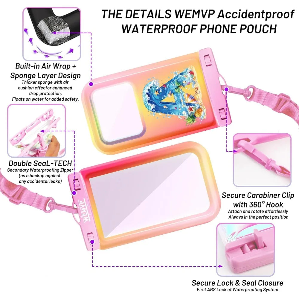 IPX8 Waterproof Pouch Case for 6.1-6.9" Smartphones - Beach & Cruise, Monogram Design (Pink)