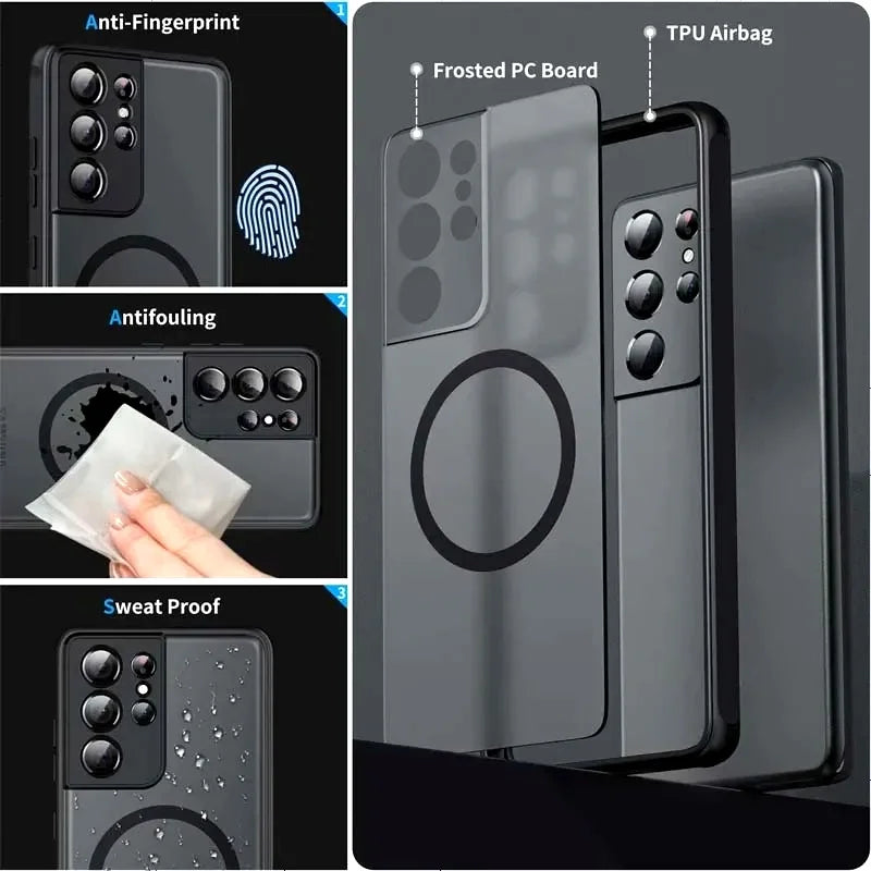 Luxury for Magsafe Wireless Charge Case For Samsung Galaxy S20 S21 S22 S23 FE S24 S25 Plus S25 Ultra Shockproof Matte Clear Case