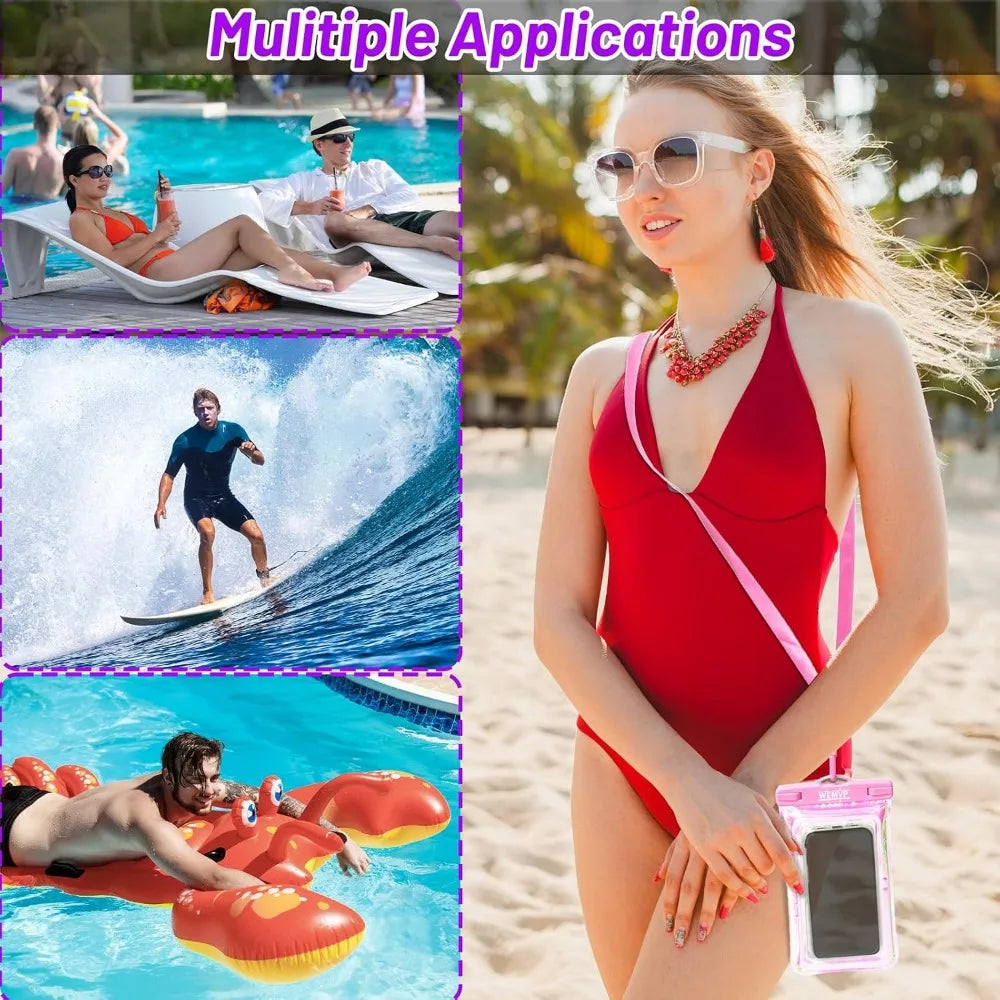 IPX8 Waterproof Pouch Case for 6.1-6.9" Smartphones - Beach & Cruise, Monogram Design (Pink)