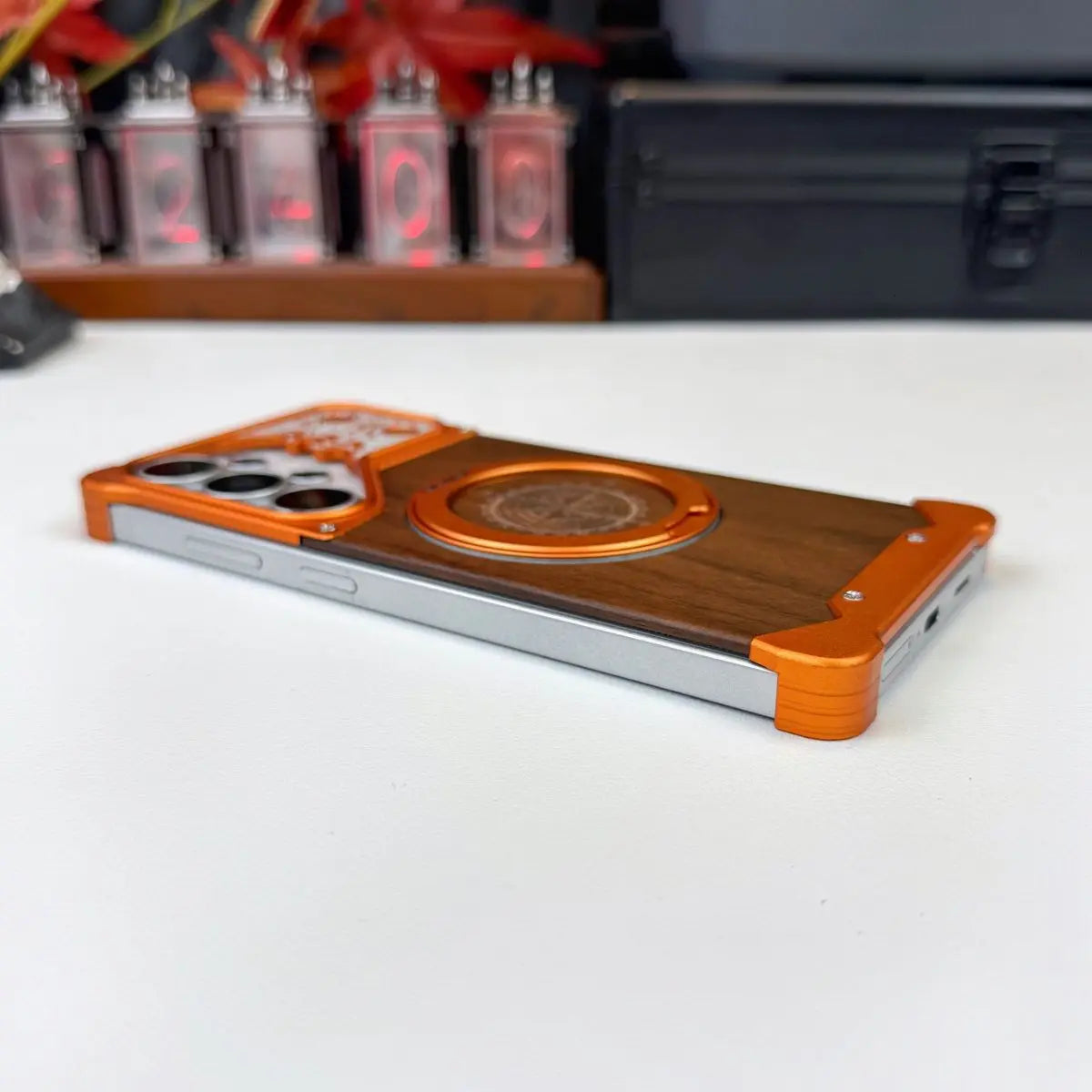 360 ° Rotating Magnetic Bracket Phone Case, For Samsung Galaxy S26 S25 S24 S23 Ultra Walnut Wood Backplate Metal Frameless Case
