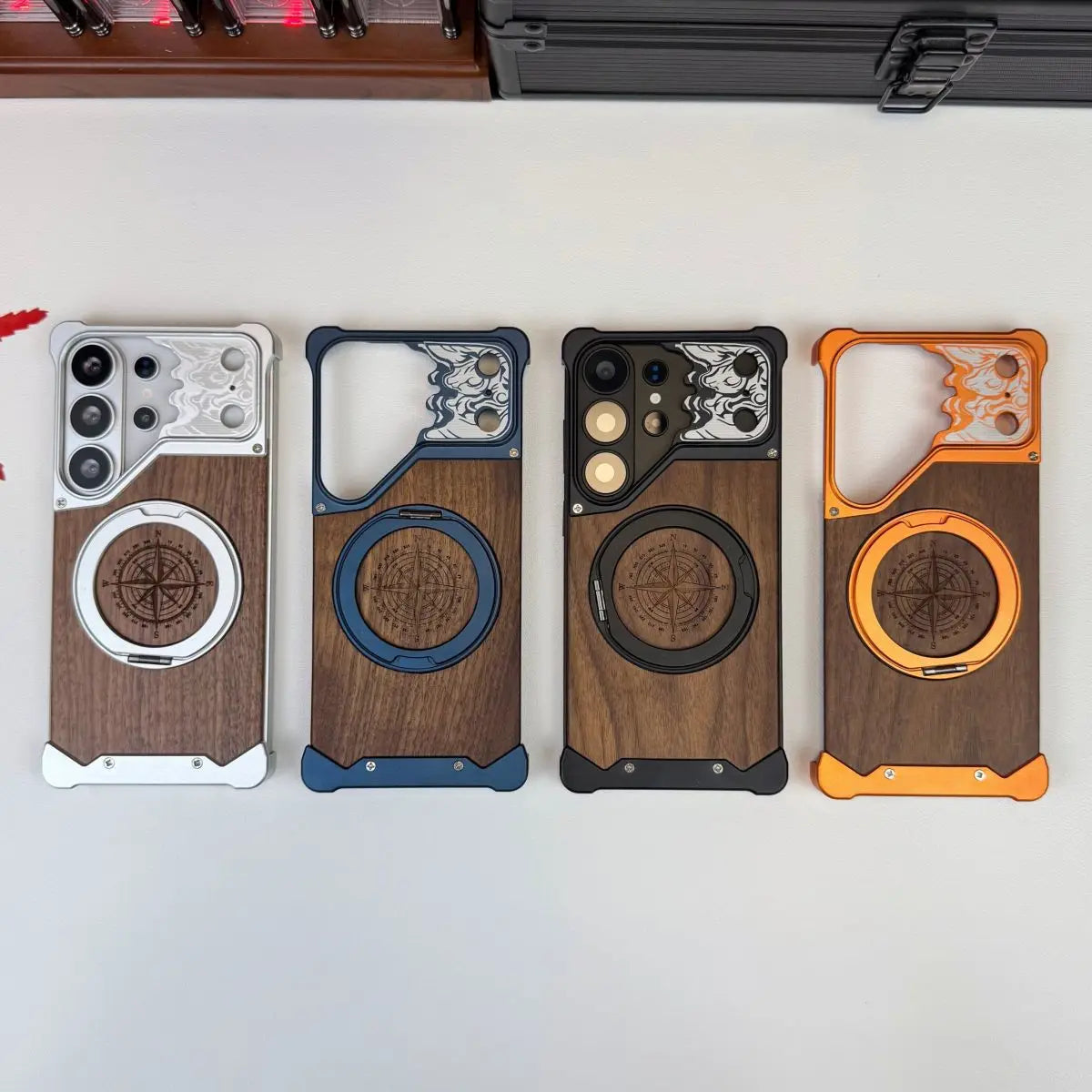 360 ° Rotating Magnetic Bracket Phone Case, For Samsung Galaxy S26 S25 S24 S23 Ultra Walnut Wood Backplate Metal Frameless Case