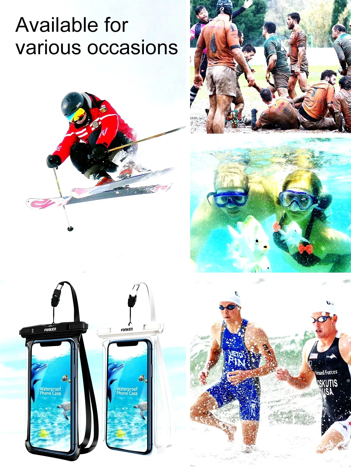 FONKEN Full View Waterproof Case for Phone Underwater Snow Rainforest Transparent Dry Bag Swimming Pouch Big Mobile Phone Covers
