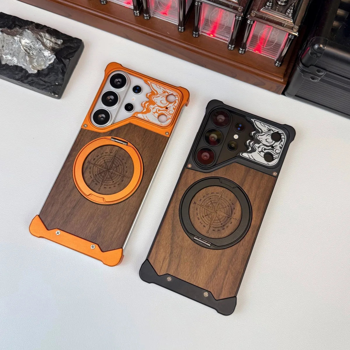 360 ° Rotating Magnetic Bracket Phone Case, For Samsung Galaxy S26 S25 S24 S23 Ultra Walnut Wood Backplate Metal Frameless Case