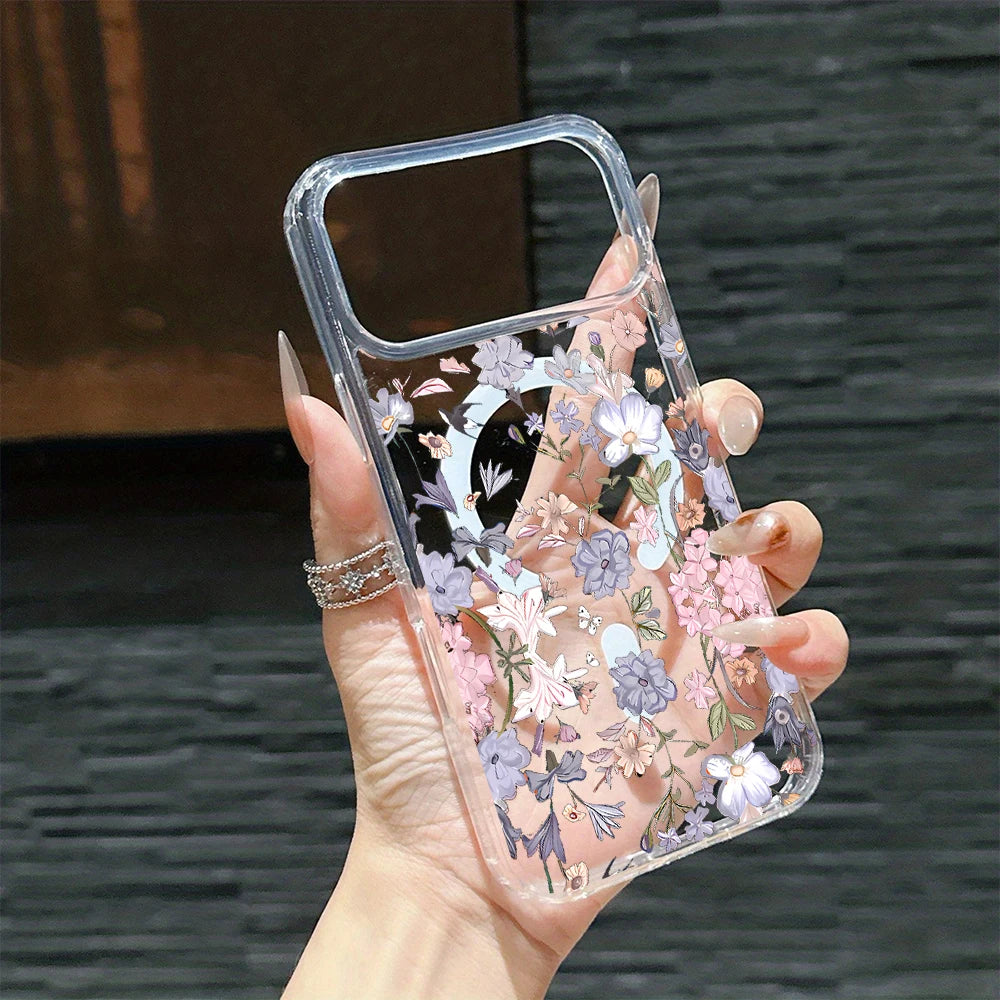 Purple Blooms Dreamy Silicone Acrylic Phone Case For iPhone 17 16 13 14 11 12 15 Pro Max Air 16e 17e 14 16 15 Plus Gentle Cover