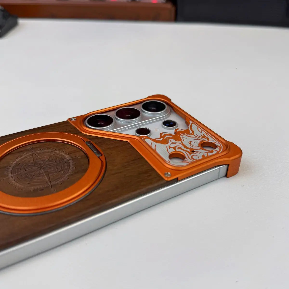 360 ° Rotating Magnetic Bracket Phone Case, For Samsung Galaxy S26 S25 S24 S23 Ultra Walnut Wood Backplate Metal Frameless Case