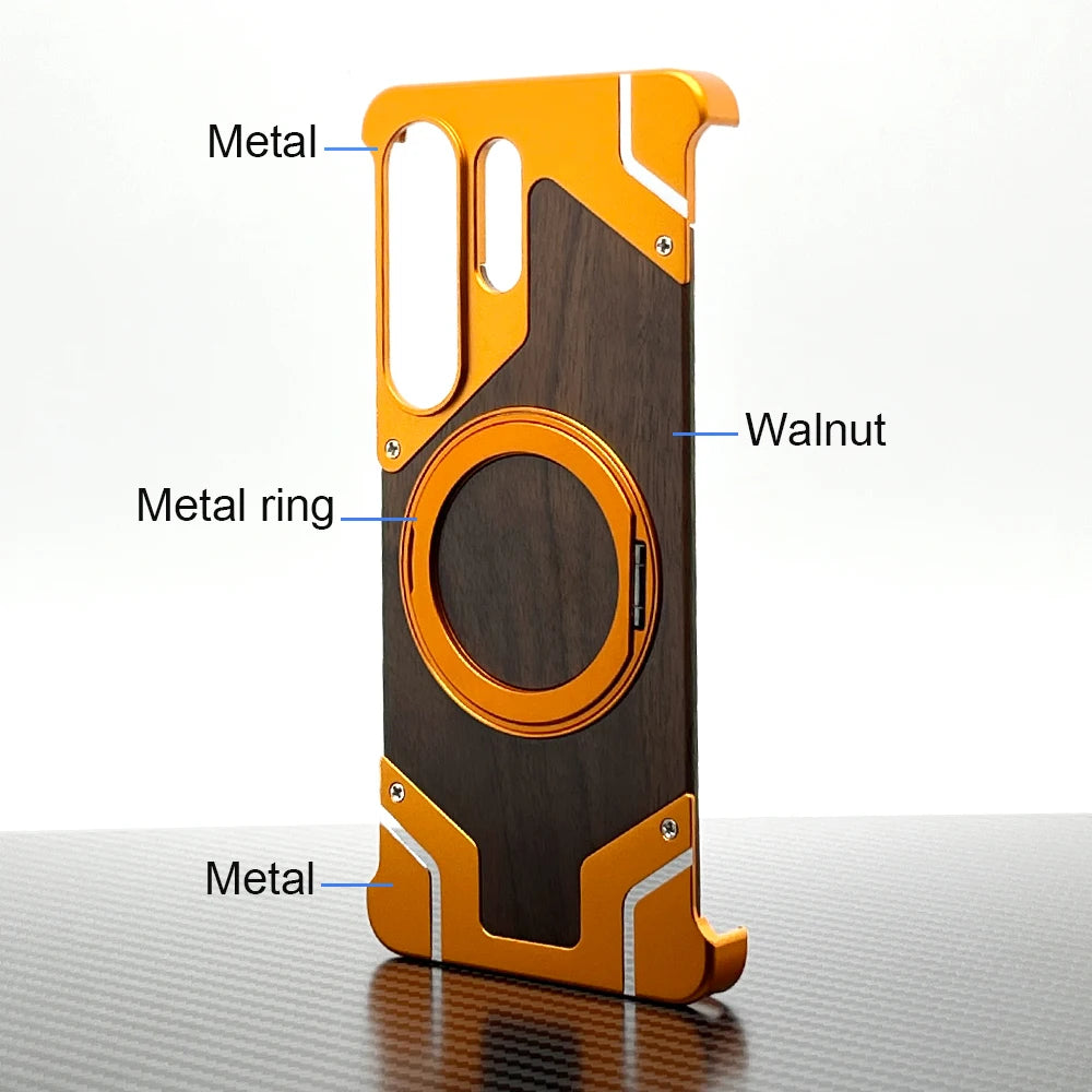 Walnut Wood Case for Samsung Galaxy S26 Ultra Cover 26 U Shockproof Frameless Metal Funda Built-in Kickstand with Protector