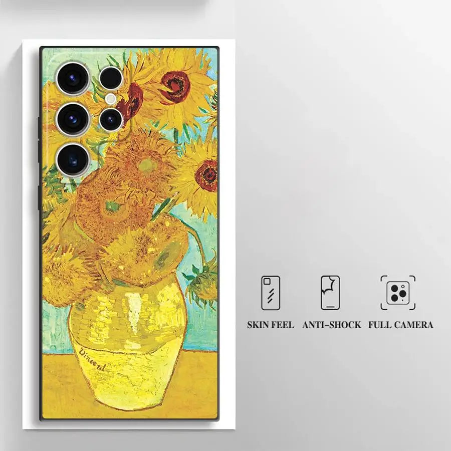 Van Gogh Sunflowers Black Soft Phone Cover Case for Samsung Galaxy S23 Ultra S20 S24 Plus S25 Edge S21 FE