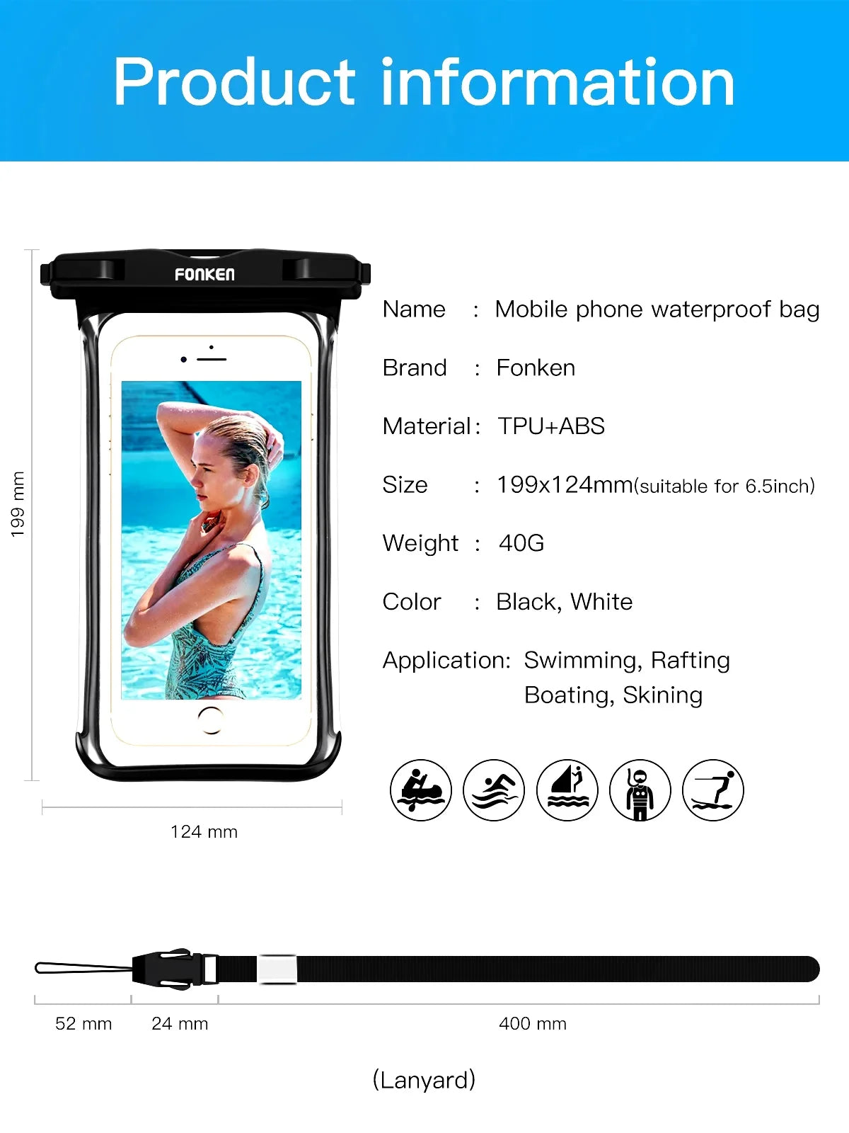 FONKEN Full View Waterproof Case for Phone Underwater Snow Rainforest Transparent Dry Bag Swimming Pouch Big Mobile Phone Covers
