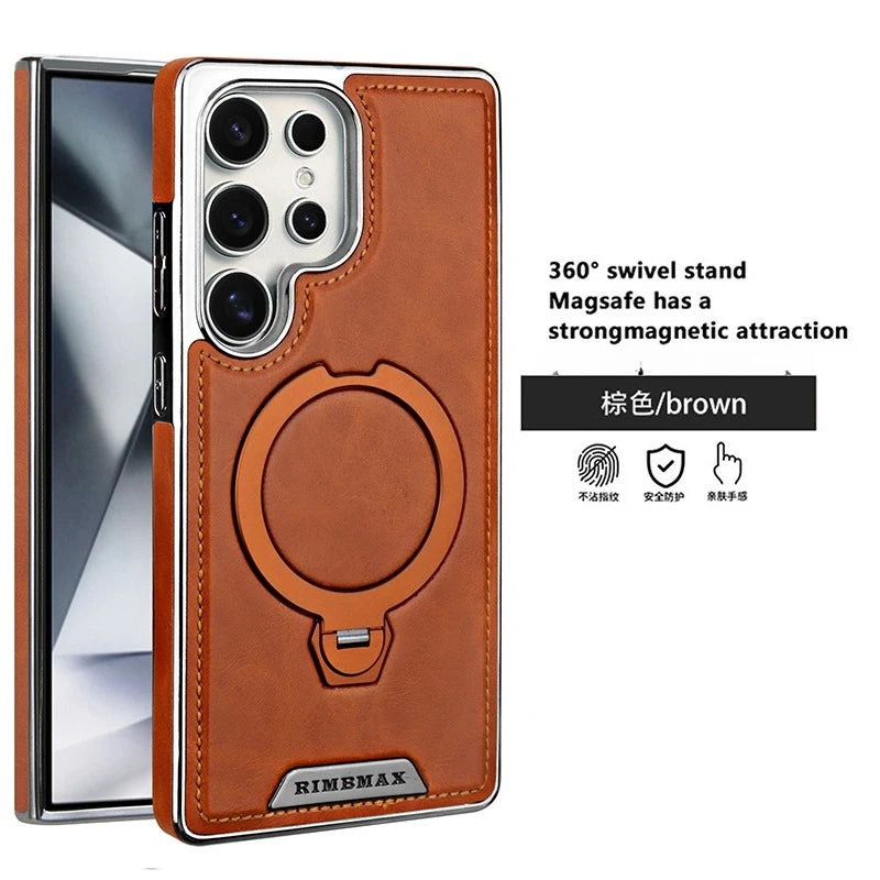 360 Rotating Bracket Leather Phone Case for Samsung Galaxy S25 Ultra S24 S23 S22 S25EDGE Magnetic Charging Kickstand Back Cover