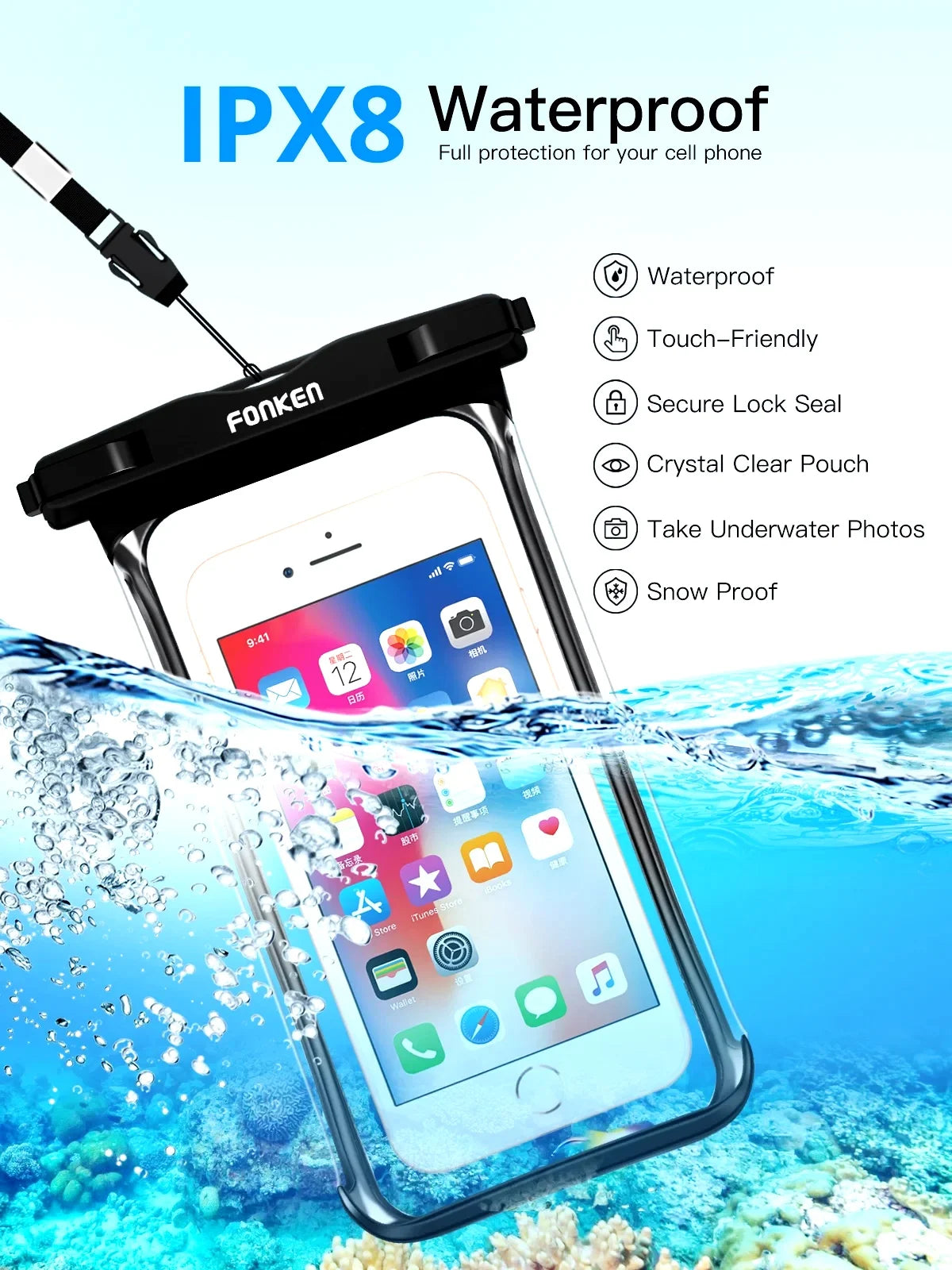 FONKEN Full View Waterproof Case for Phone Underwater Snow Rainforest Transparent Dry Bag Swimming Pouch Big Mobile Phone Covers