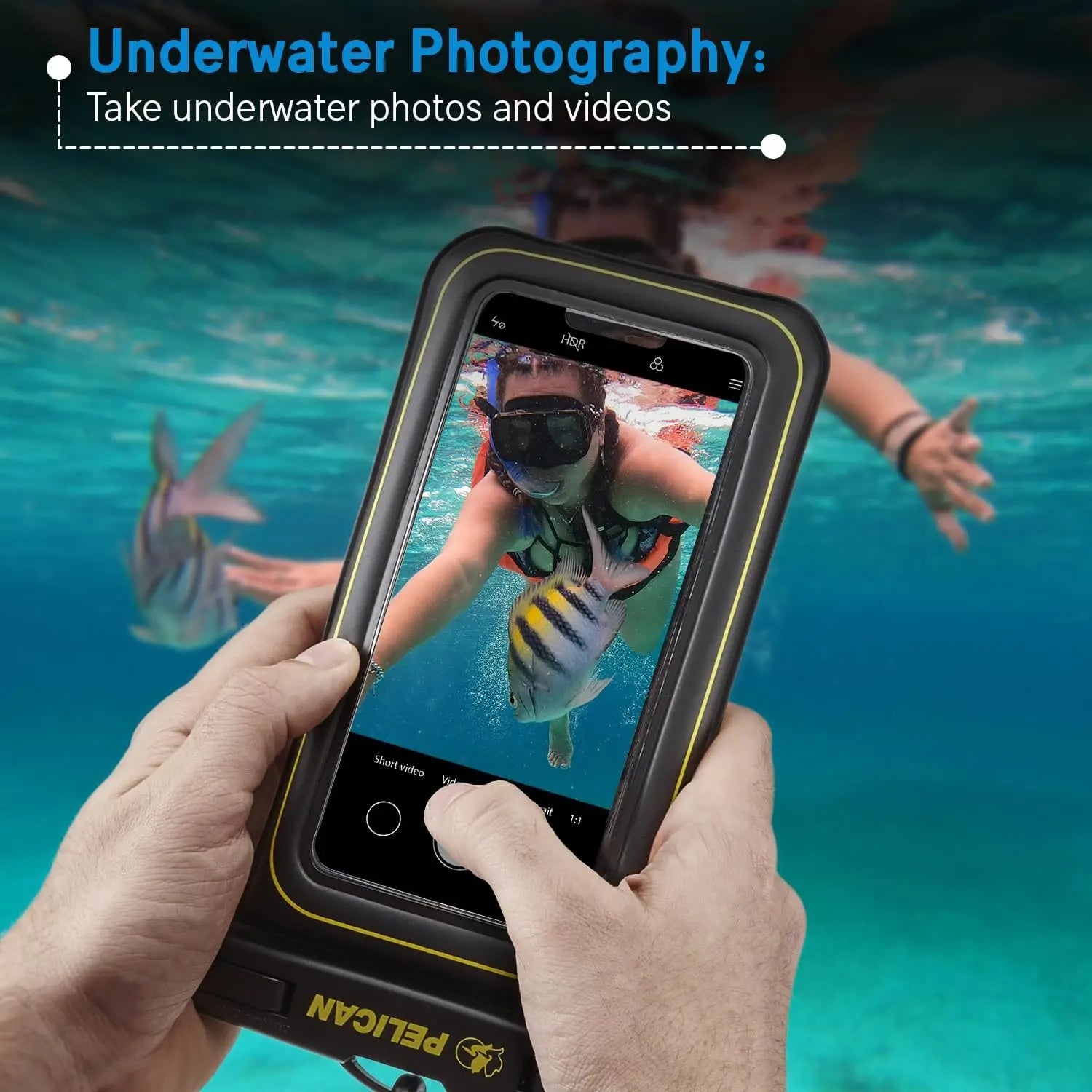 IP68 Waterproof Phone Pouch Floating Case - Beach Cruise Travel Essentials, Works with All Phones, Detachable Lanyard, Black/Hi-Vis Yellow