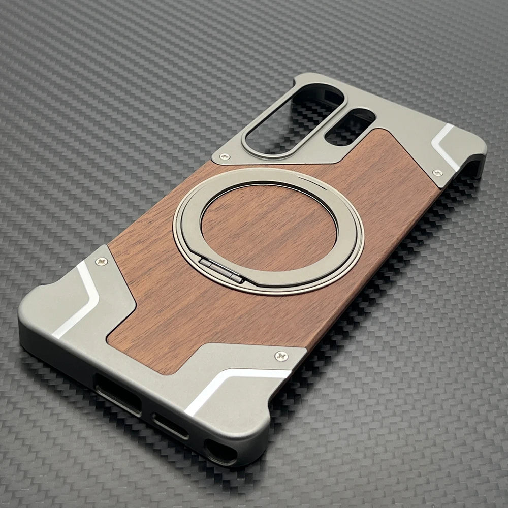 Walnut Wood Case for Samsung Galaxy S26 Ultra Cover 26 U Shockproof Frameless Metal Funda Built-in Kickstand with Protector