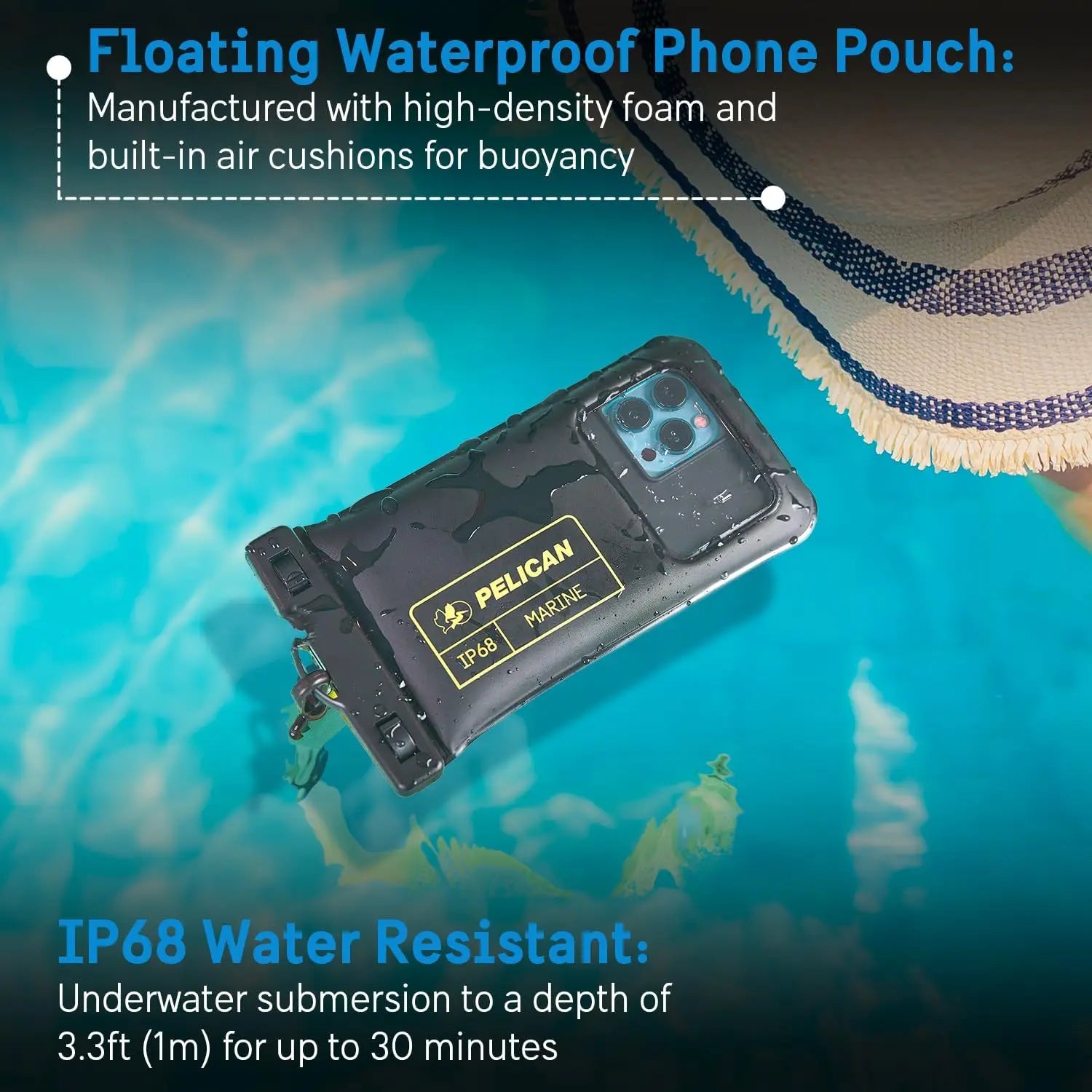 IP68 Waterproof Phone Pouch Floating Case - Beach Cruise Travel Essentials, Works with All Phones, Detachable Lanyard, Black/Hi-Vis Yellow