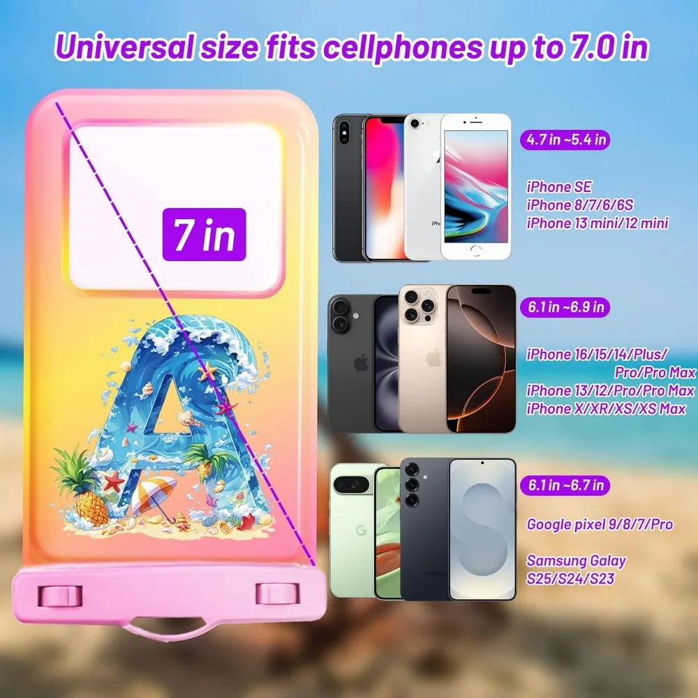 IPX8 Waterproof Pouch Case for 6.1-6.9" Smartphones - Beach & Cruise, Monogram Design (Pink)
